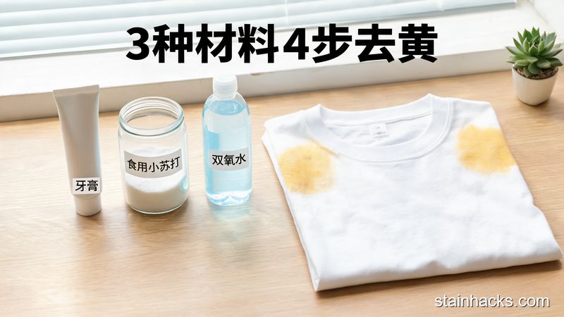 场景：居家桌面摆放白色牙膏、食用小苏打、双氧水三样家用常见物品，旁边摊开一件腋下发黄的白T恤，配文字「3种材料4步去黄」，风格清新明亮生活化，突出无需额外购买、操作简单