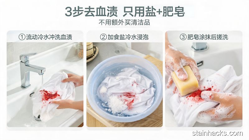 居家洗衣场景，分3个小板块依次展示：①流动冷水冲洗床单血渍 ②床单放入加了食盐的冷水盆中浸泡 ③肥皂涂抹后搓洗血渍，风格清新明亮生活化，画面标注文字「3步去血渍 只用盐+肥皂」「不用额外买清洁品」