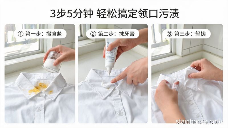 清新明亮生活化风格,居家洗衣台场景,普通人演示3步清洁白衬衫领口的动作:第一步撒食盐、第二步抹牙膏、第三步轻搓,图片配文字标注「3步5分钟 轻松搞定领口污渍」,突出操作简单耗时短