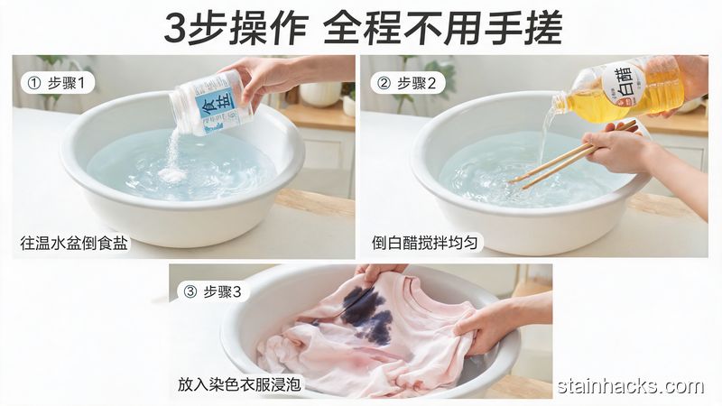 清新明亮生活化场景，3步清洁动作演示：第一步往温水盆倒食盐，第二步倒白醋搅拌，第三步把染色衣服放进盆里，配文字&ldquo;3步操作 全程不用手搓&rdquo;，动作简单易懂，居家感强