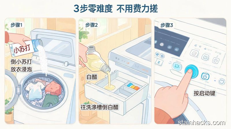 场景：家用洗衣区，主体动作：分3个小框展示操作步骤：第一框往洗衣机桶倒小苏打放衣服浸泡，第二框往洗衣机洗涤槽倒白醋，第三框按洗衣机启动键，风格：清新明亮卡通感生活化，关键元素：加文字标注「3步零难度 不用费力搓」