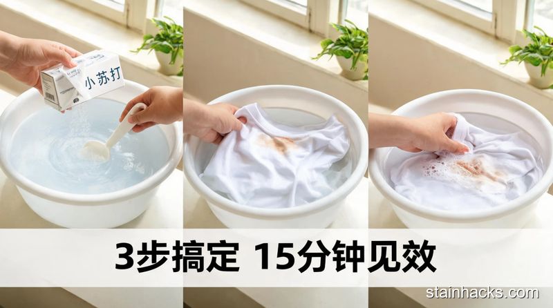清新明亮生活化清洁场景,三格分镜展示3步操作:第一格倒小苏打进温水搅匀,第二格放白衣服浸泡,第三格轻搓污渍处,配文字「3步搞定 15分钟见效」,突出快手易操作无复杂工具