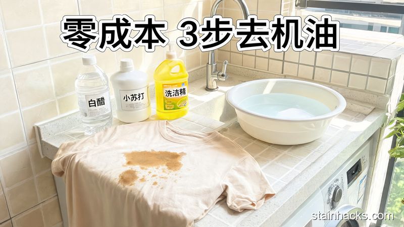 清新明亮生活化场景，家里普通洗衣台旁，放着沾了浅机油渍的T恤，旁边摆着白醋、小苏打、洗洁精三个家用常用瓶子，盆里装着温水，配文字标注「零成本 3步去机油」，突出简单快手无需额外买用品