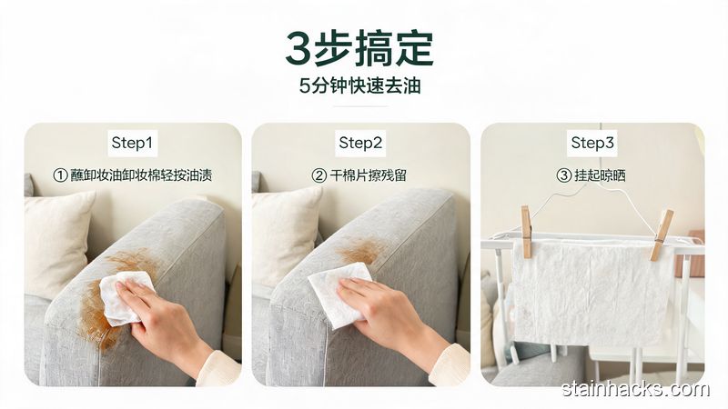 清新明亮生活化风格，场景为居家沙发旁，3步清洁动作组合图：1. 蘸卸妆油的卸妆棉轻按油渍 2. 干棉片擦残留 3. 挂起晾晒，标注文字「3步搞定」「5分钟快速去油」