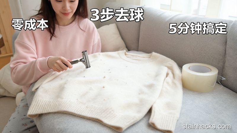 居家布艺沙发上，女生用旧手动剃须刀轻轻刮平铺的羊绒衫表面毛球，旁边放着一卷透明胶带，风格清新明亮生活化，关键元素：文字标注「3步去球」「零成本」「5分钟搞定」，动作简单易模仿