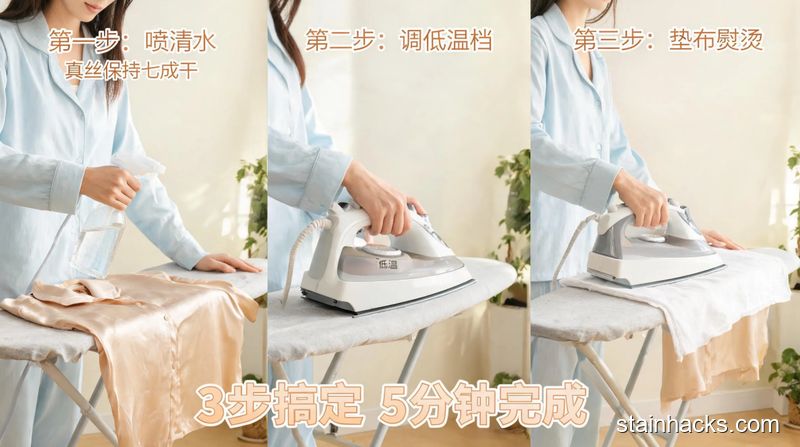 清新明亮生活化场景，居家熨衣板旁分步展示3步熨烫动作：第一步给七成干的真丝喷清水，第二步调熨斗低温档，第三步垫白棉布熨真丝，配文字标注「3步搞定 5分钟完成」，突出易操作