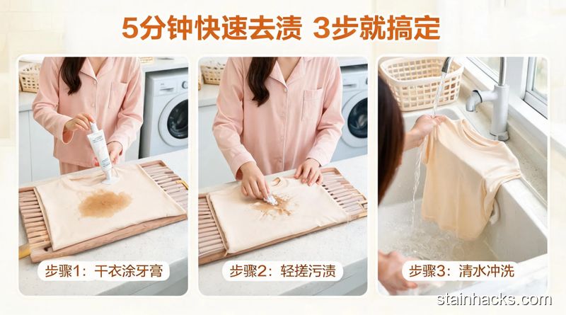 清新明亮生活化场景，真人演示3步牙膏去渍动作：干衣涂牙膏、轻搓污渍、清水冲洗，旁边配文字标注&ldquo;5分钟快速去渍 3步就搞定&rdquo;，突出操作简单无难度