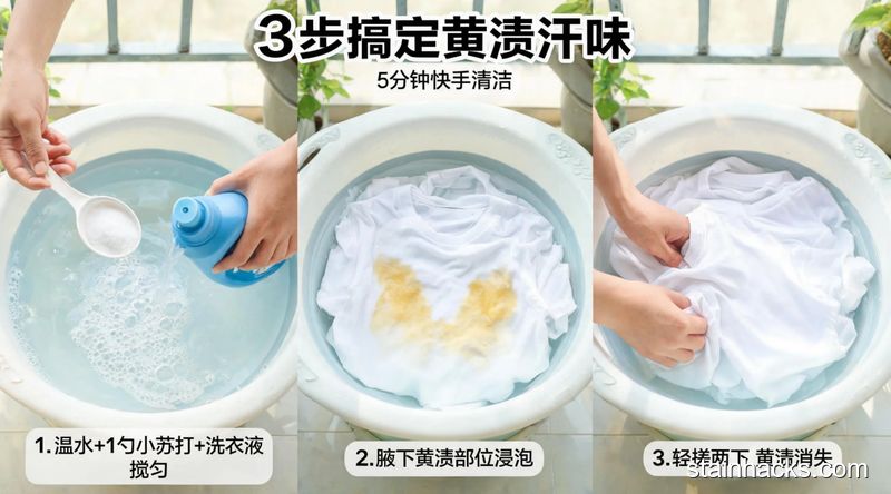居家洗衣盆场景，3步清洁动作分解展示：1.往温水里加1勺小苏打挤洗衣液搅匀；2.把T恤腋下黄渍部位泡进水里；3.轻轻搓两下黄渍消失，旁边配文字&ldquo;3步搞定黄渍汗味&rdquo;，清新明亮生活化风格，突出快手、5分钟搞定、无复杂步骤的特点