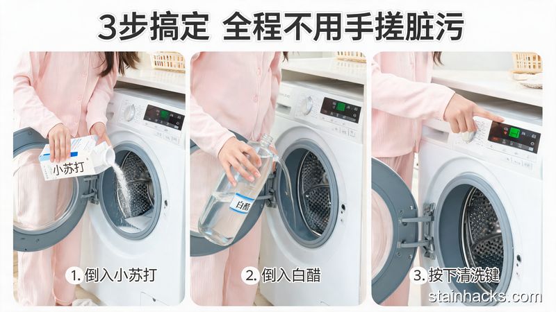 家用全自动洗衣机前，普通人随手把小苏打、白醋倒进洗衣机内筒，按一下清洗模式按键，动作简单，风格清新明亮生活化，标注3步搞定 全程不用手搓脏污