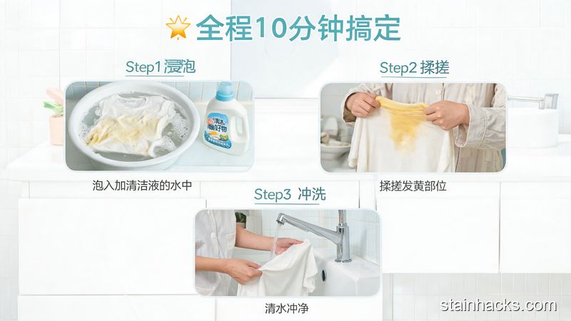 清新明亮卫生间洗衣场景,普通人用3步操作清洁发黄T恤:第一步泡在加了清洁好物的水盆里,第二步轻轻揉搓发黄部位,第三步用清水冲净,旁边配文字标注“全程10分钟搞定”,突出方便快手