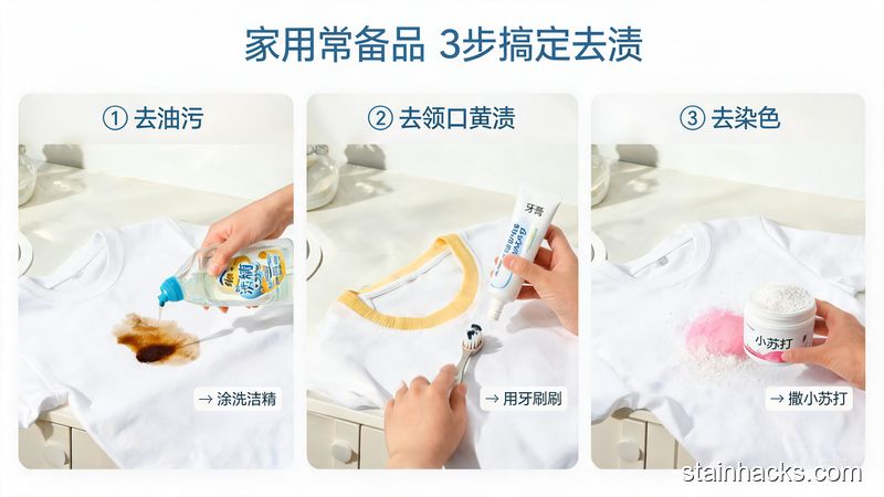 清新明亮居家洗衣场景，分三个小模块分别展示去油污、去领口黄渍、去染色的简单操作，旁边配文字标注「家用常备品 3步搞定去渍」，突出方便易操作，无需额外买用品