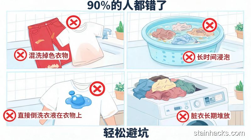 家庭普通洗衣区，摆放着掉色的衣物、泡了很久的洗衣盆、直接倒在领口的洗衣液，卡通小手对4种错误洗衣动作依次打叉，清新明亮生活化，配文字标注&ldquo;90%的人都错了&rdquo;&ldquo;轻松避坑&rdquo;