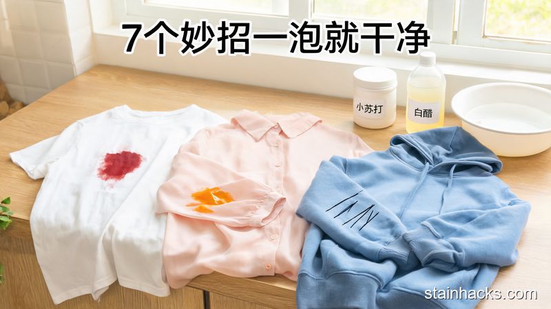 清新明亮生活化场景，展示沾了血渍、果汁、笔印的不同面料衣物，旁边放着小苏打、白醋等常见家用品，配文字「7个妙招一泡就干净」，氛围轻松无压力