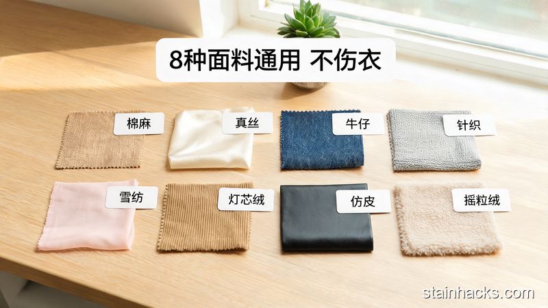 清新明亮生活化场景，桌面整齐摆放8种不同面料的衣物小样（棉麻、真丝、牛仔、针织等），每个小样旁贴简易标注条，配文字&ldquo;8种面料通用 不伤衣&rdquo;，画面清晰直观