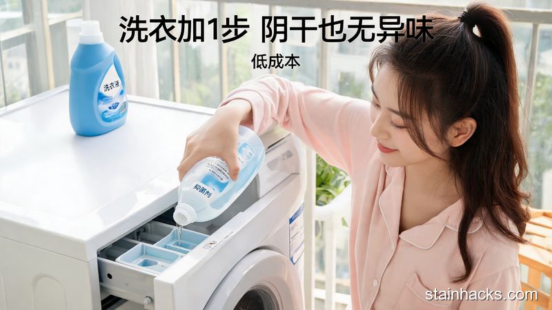 场景:家用洗衣机旁,放着洗衣液和普通家用长效抑菌剂,主体动作:女生把少量抑菌剂倒进洗衣机料盒,和洗衣液同步添加,风格:清新明亮、生活化,关键元素:文字标注「洗衣加1步 阴干也无异味」「低成本」,突出零额外操作