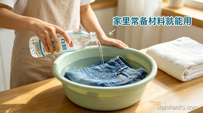清新明亮生活化风格,阳台晾晒场景,挂着多条翻面晾晒的牛仔裤,旁边贴有7个防掉色技巧的手写便签,文字标注“操作零难度 越穿越合身”
