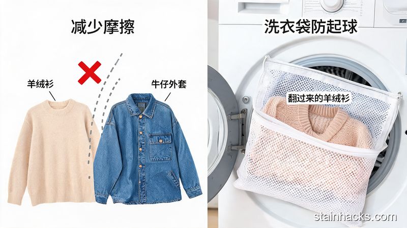 左侧是羊绒衫和牛仔外套摩擦的示意图，右侧是翻过来装在洗衣袋里的羊绒衫放进洗衣机，风格清新明亮生活化，关键元素：文字标注「减少摩擦」「洗衣袋防起球」，操作无难度