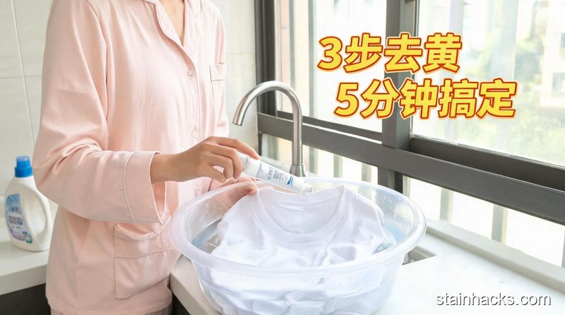 场景:居家洗衣台,主体动作:普通人给浸湿的白T恤领口均匀涂抹白色牙膏,旁边配文字标注「3步去黄 5分钟搞定」,风格:清新明亮、生活化,关键词:快手、易操作、不用额外买清洁品