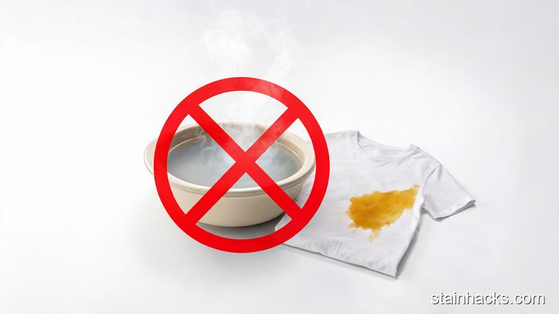 严禁使用热水处理咖喱污渍,警告图示意