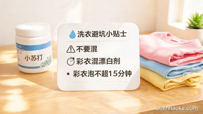 清新明亮生活化风格，桌面提示卡场景，卡片上写着2个清洁注意点&lsquo;不要混漂白剂&rsquo;&lsquo;彩衣泡不超15分钟&rsquo;，旁边放小苏打和彩色衣服，突出避坑省心的特点