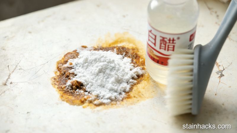白色小苏打糊覆盖在陈旧中药渍上，旁边有白醋瓶和软毛刷