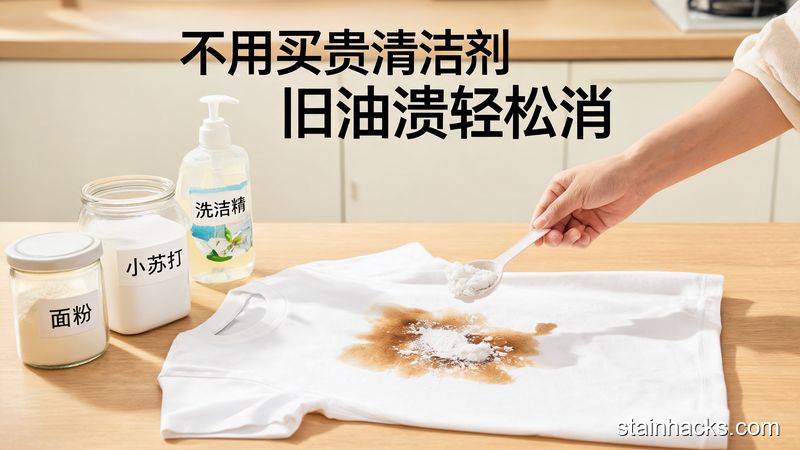 清新明亮居家桌面场景，摆着面粉、小苏打、洗洁精这些普通家用品，旁边放着带陈旧油渍的白T恤，人手正把小苏打糊涂在油渍上，画面标注文字「不用买贵清洁剂 旧油渍轻松消」，生活化风格，操作简单直观