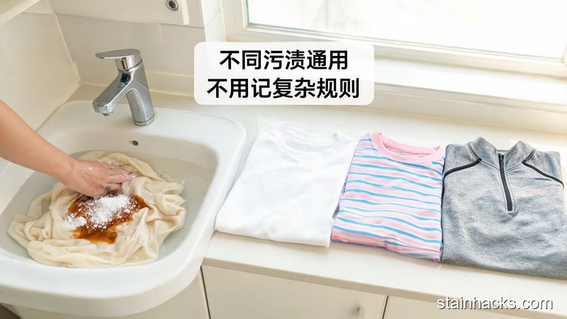 清新明亮生活化风格，洗手台洗衣场景，一只手正搓衣服上的油渍，油渍处撒了小苏打，旁边摆着白T恤、彩色T恤、运动衣，标注&lsquo;不同污渍通用 不用记复杂规则&rsquo;，突出高效方便的特点