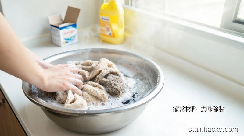 清新明亮厨房台面场景,盆里装着加了小苏打和洗洁精的热水,一只手正在揉搓发黏的毛巾,搓出大量脏泡沫,画面角落标注文字「家常材料 去味除黏」,风格写实接地气,突出方便高效