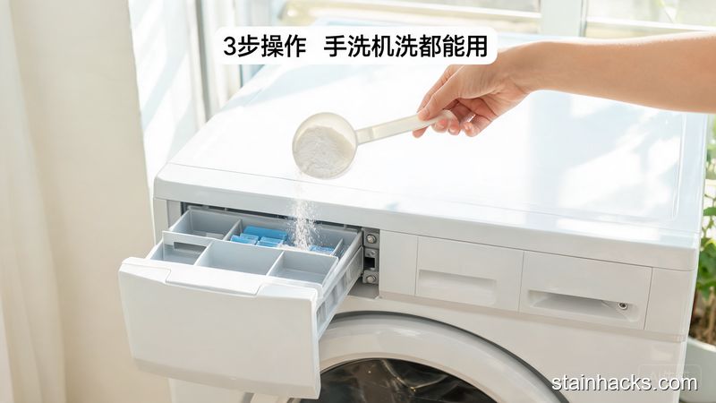 清新明亮生活化风格，普通家庭洗衣机场景，一只手正往洗衣机料盒里倒一勺小苏打，旁边标注&lsquo;3步操作 手洗机洗都能用&rsquo;，突出简单易操作零门槛的特点
