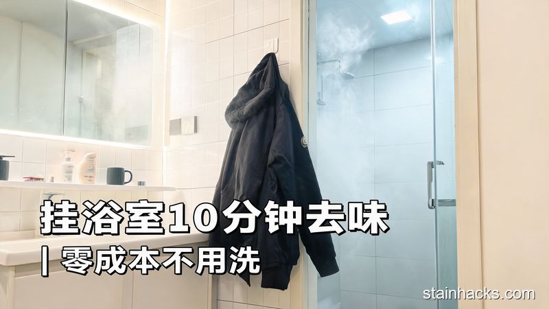 清新明亮生活化家庭浴室场景，沾了火锅味的外套挂在浴室挂钩上，浴室里漂浮着淡淡的热蒸汽，图片配文字「挂浴室10分钟去味|零成本不用洗」，突出快手方便
