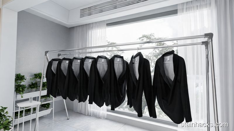 黑色衣服反面晾晒在阴凉通风处避免褪色的示意图