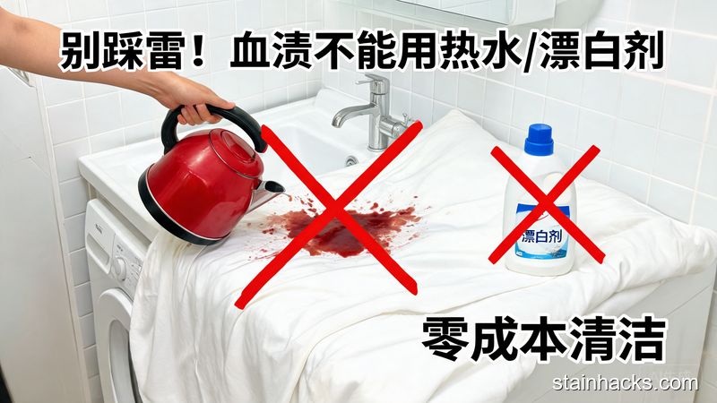 家庭卫生间洗衣台场景，手持热水壶对着带血渍的床单画叉，旁边的漂白剂瓶身也画叉，风格清新明亮生活化，画面标注文字「别踩雷！血渍不能用热水/漂白剂」「零成本清洁」