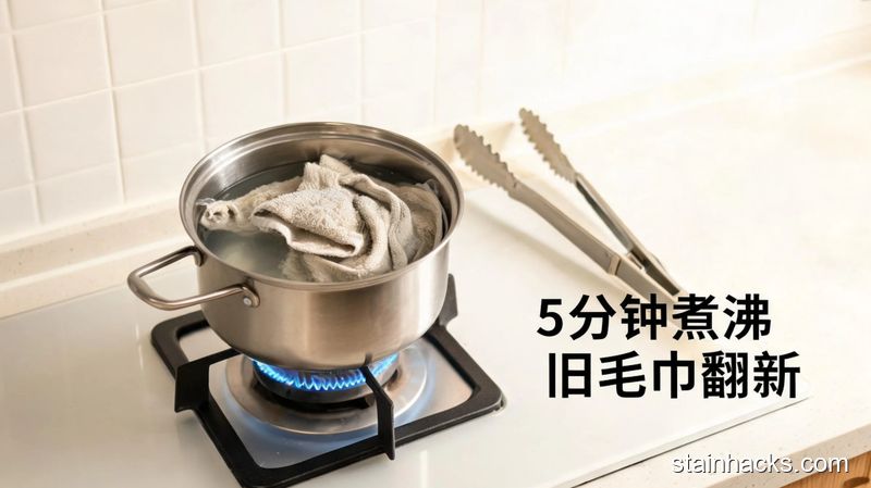 明亮家用厨房灶台场景,不锈钢锅里装着加了盐和白醋的清水,里面煮着毛巾,旁边放着捞毛巾的夹子,画面角落标注文字「5分钟煮沸 旧毛巾翻新」,风格生活化,突出低成本零难度