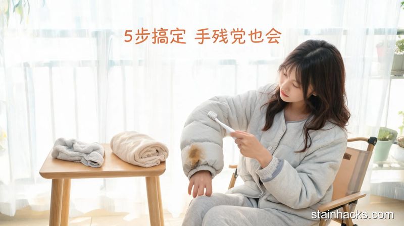 清新明亮居家场景，人用软毛牙刷轻轻刷羽绒服脏处，旁边摆着拧干的温湿毛巾和干毛巾，画面配文字：5步搞定 手残党也会，风格生活化，突出操作简单