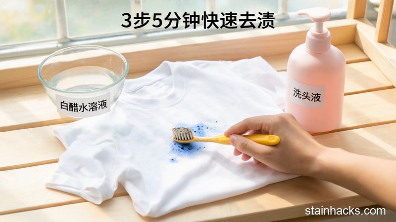 普通人手持旧牙刷轻刷T恤上的圆珠笔油污渍，旁边摆着兑好的白醋水溶液和洗头液，动作简单轻松，风格清新明亮生活化，带有文字标注「3步5分钟快速去渍」，突出高效易操作的特点