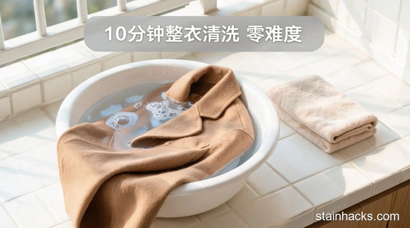清新明亮生活化场景,羊绒大衣平铺在放了温水和洗衣液的盆里,旁边摆着干毛巾,配文字「10分钟整衣清洗 零难度」,突出操作简单,风格干净明快