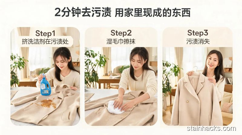 清新明亮生活化场景,女生用洗洁精和湿毛巾清理羊绒大衣上的咖啡渍,动作只有简单3步,配文字「2分钟去污渍 用家里现成的东西」,突出高效不用额外买工具,风格轻松接地气