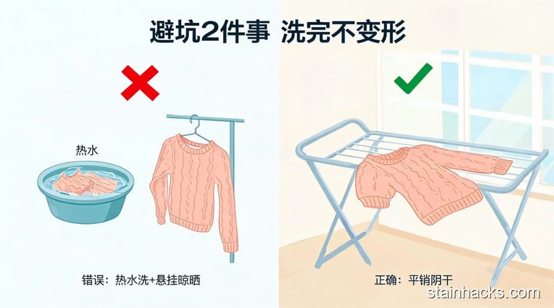 清新明亮生活化场景,左侧是热水洗、挂着晒的错误操作打红叉,右侧是平铺阴干的正确操作打绿勾,配文字「避坑2件事 洗完不变形」,直观易懂,风格简约清晰