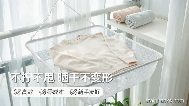 阳台通风处,晾衣网上平铺着整理好形状的羊绒衫,旁边放着刚吸完水分的卷状干毛巾,无阳光直射,风格清新明亮生活化,配文字标注“不拧不甩 晒干不变形”,关键元素:高效、零成本、新手友好