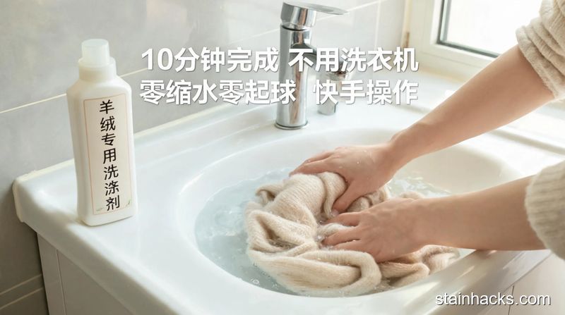 居家卫生间洗手台场景，摆放冷水盆、羊绒专用洗涤剂，演示轻柔手洗羊绒衫的简单动作，清新明亮生活化风格，标注文字'10分钟完成 不用洗衣机 零缩水零起球 快手操作'