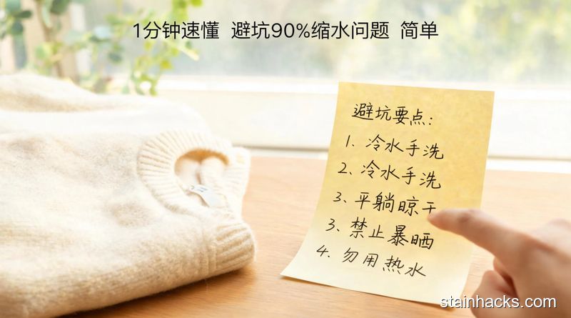 居家桌面场景，摆放羊绒衫和写有避坑要点的便签纸，手指快速点指便签内容，清新明亮生活化风格，标注文字'1分钟速懂 避坑90%缩水问题 简单'