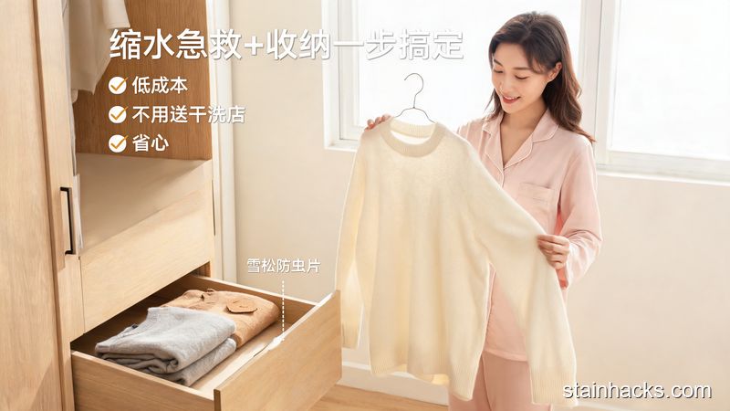 卧室衣柜旁,女生手里拿着刚复原好的羊绒衫,旁边抽屉里放着叠整齐的羊绒衫和一片雪松防虫片,风格清新明亮,配文字标注“缩水急救+收纳一步搞定”,关键元素:低成本、不用送干洗店、省心