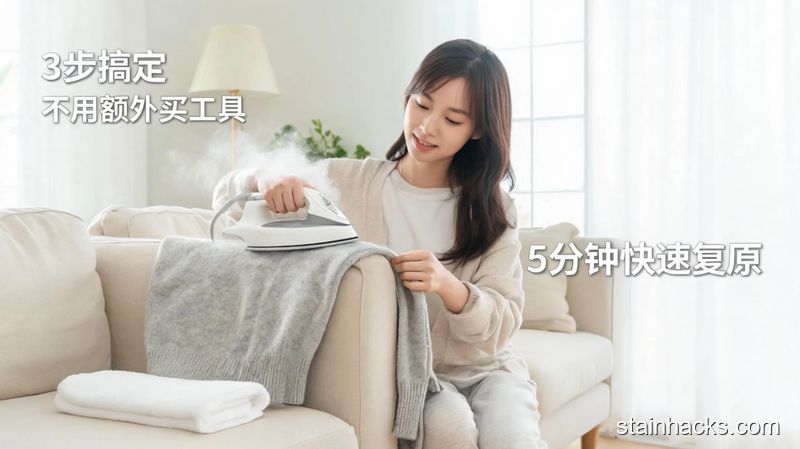 清新明亮居家客厅场景，女生手拿家用蒸汽熨斗加热缩水羊绒衫，同时轻轻拉扯衣服部位，旁边放着干净棉毛巾，画面标注文字「3步搞定 不用额外买工具」「5分钟快速复原」，风格生活化，简洁干净