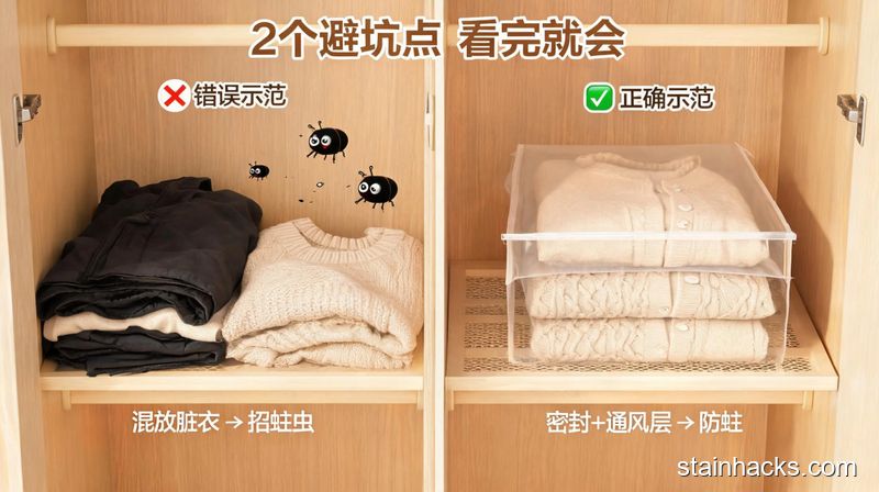 场景：衣柜内部，左侧是错误示范：和脏外套堆在一起的羊绒衫旁有卡通小蛀虫标识，右侧是正确示范：放在通风层的密封羊绒衫，风格：清新明亮生活化，关键元素：配文字标注「2个避坑点 看完就会」，突出简单好记