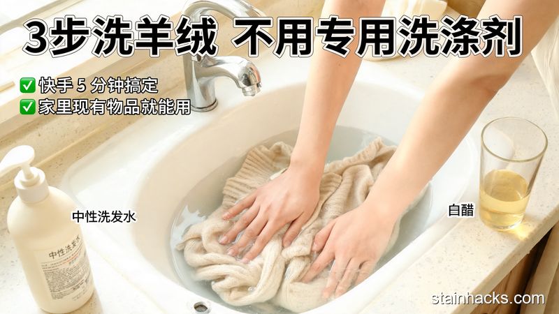 居家洗手台边,女生用手轻轻按压泡在冷水里的羊绒衫,旁边摆着普通家用中性洗发水和小半杯白醋,风格清新明亮接地气,配文字标注“3步洗羊绒 不用专用洗涤剂”,关键元素:快手、5分钟搞定、家里现有物品就能用
