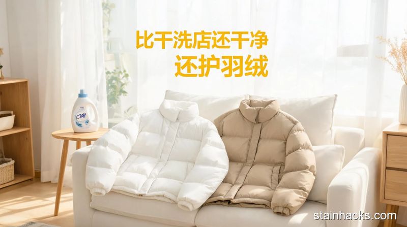 清新明亮生活化风格，卧室床上场景，摆放着洗完后蓬松干净的羽绒服和其他衣物，旁边标注文字「比干洗店洗得更干净」「省钱又省心」，突出高效、低成本特点