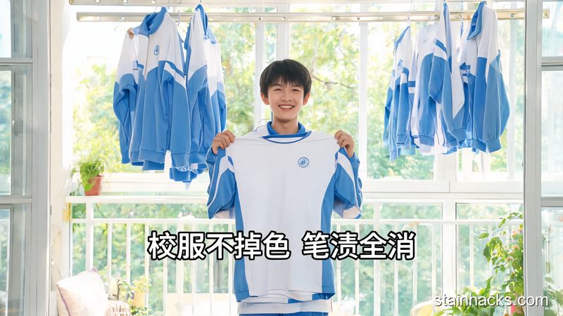 场景:居家阳台,晾衣杆上挂着洗干净没有笔渍的蓝白校服,主体动作:穿校服的学生举着洗好的校服开心展示,风格:清新明亮学生风生活化,关键元素:标注文字「校服不掉色 笔渍全消」,突出学生党友好