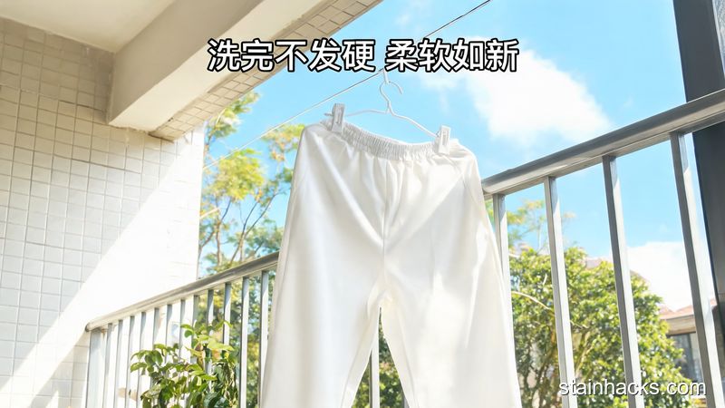 场景：阳台晾晒区，洗得洁白的白裤子挂在衣架上晾晒；风格：清新明亮生活化；关键元素：标注文字&ldquo;洗完不发硬 柔软如新&rdquo;，突出清洁效果