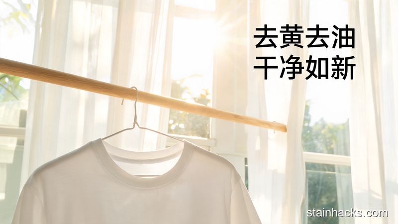 清新明亮生活化场景，洗干净的洁白白T恤挂在窗边阳光下，领口没有任何黄印油渍，旁边配文字&ldquo;去黄去油 干净如新&rdquo;