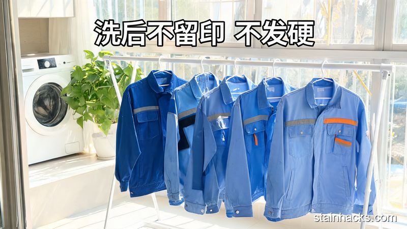 清新生活化洗衣场景，洗干净的工作服挂在衣架上，表面完全没有机油污渍痕迹，配文字标注「洗后不留印 不发硬」，突出高效省事无需返工
